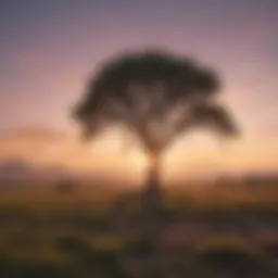 A serene landscape with a lone tree under a pastel sunset sky