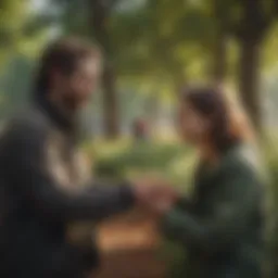 A serene park scene showcasing individuals engaging in kind gestures
