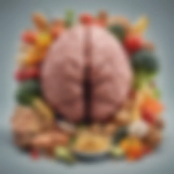 An artistic representation of brain connections surrounded by various food items.