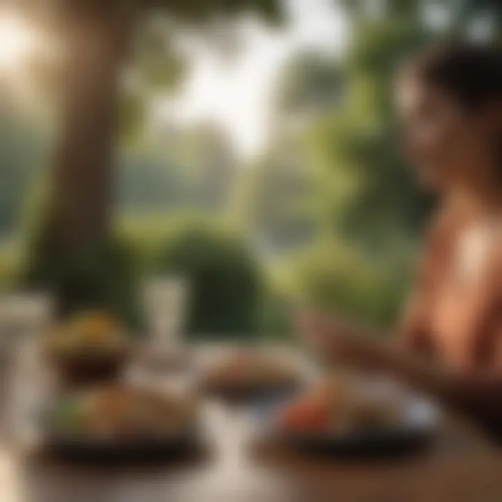A peaceful scene with a person enjoying a mindful meal outdoors.