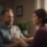 A calm therapy session with a therapist and client engaged in conversation