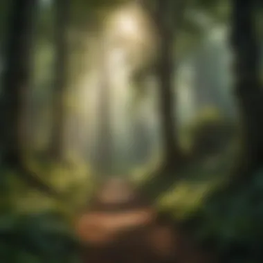 Enchanted Forest Retreat A lush green forest with sunlight filtering through the leaves