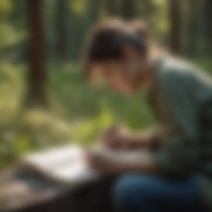 A person writing in a journal outdoors, illustrating connection with nature