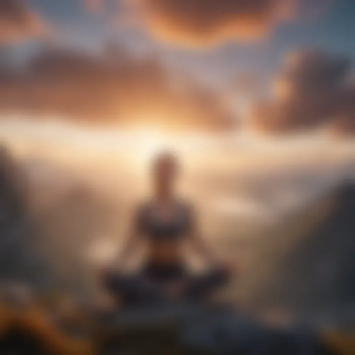 A person practicing yoga on a secluded mountaintop at sunrise, surrounded by misty clouds