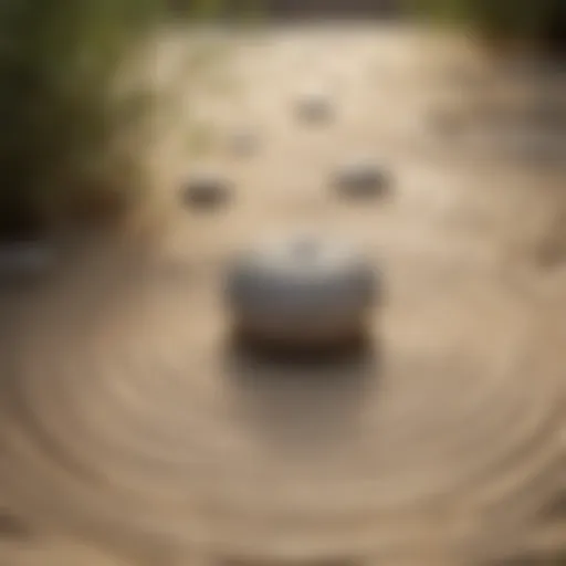 Zen garden with raked patterns in sand