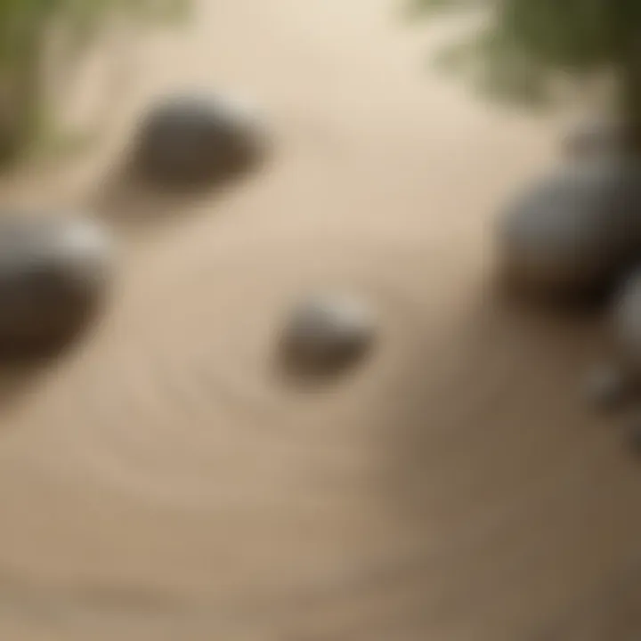 Zen garden with raked sand patterns and rocks